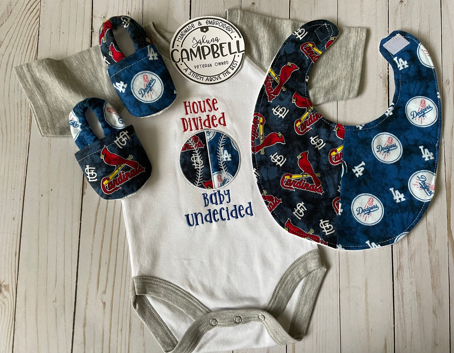 House Divided Embroidered bodysuit, bib AND matching booties- you pick teams