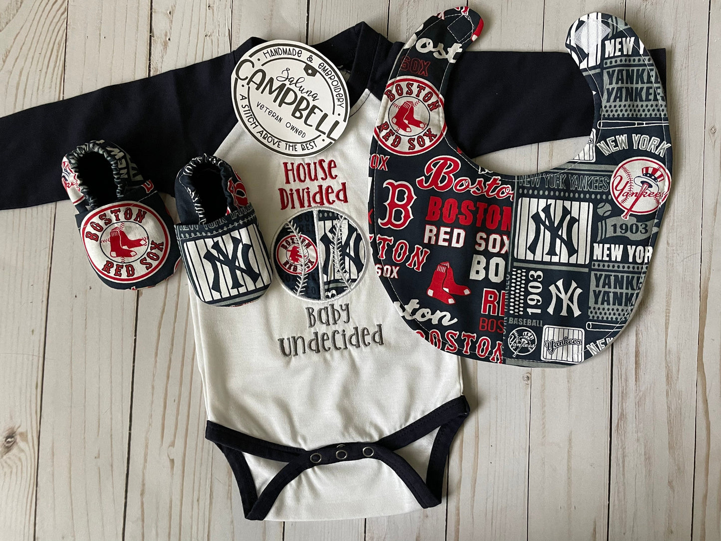 House Divided Embroidered bodysuit, bib AND matching booties- you pick teams